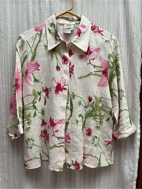 dandy by randi m Floral Linen Button Down Quarter Sleeve Blouse Size M